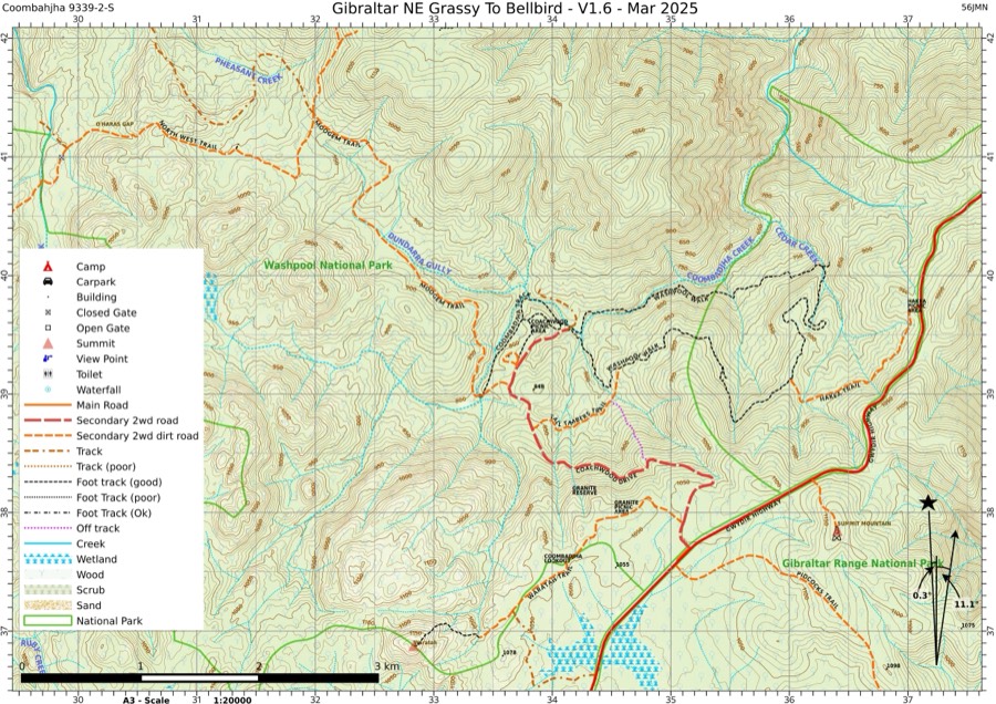 Preview of Gibraltar Range & Washpool map: North-east: Grassy to Bellbird
